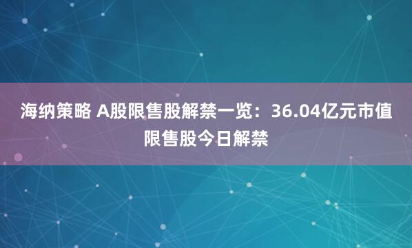 海纳策略 A股限售股解禁一览：36.04亿元市值限售股今日解禁